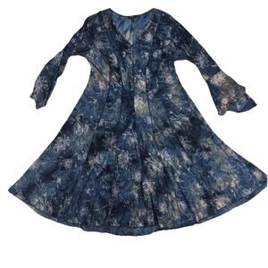 Sami & Jo Plus 1X Blue Floral VNeck Flare Sleeve ALine Dress Boho Stretch Casual